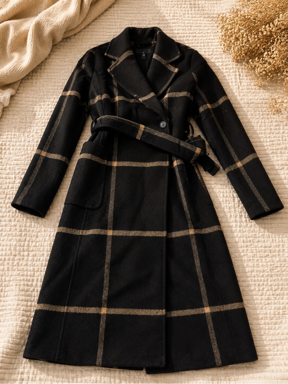 DKNY Black Windowpane Plaid Trench Coat